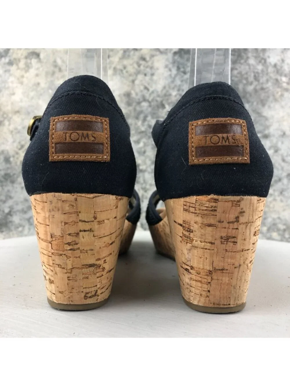 Toms Women's Size 8.5 Black Open Toe Ankle Strap High Heel Cork Wedges Sandals